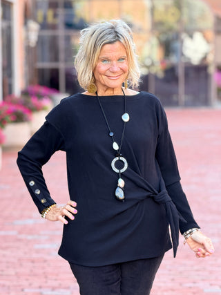 Women's Rib Knit Boat Neck Side Tie Top BLACK Cathys Place