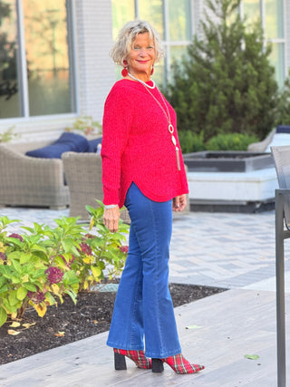 Women's Luster Chenille V-Neck Cable Sweater RED Cathys Place