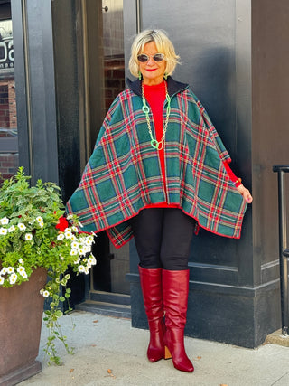 Flannel Plaid Zip Front Poncho GREEN AND RED