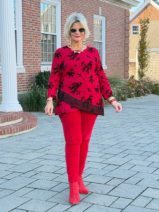 Women's Floral Flocked Texture Lace Trim Top Red Cathys Place