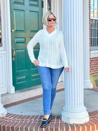 LULU-B CABLE WHITE V NECK SWEATER