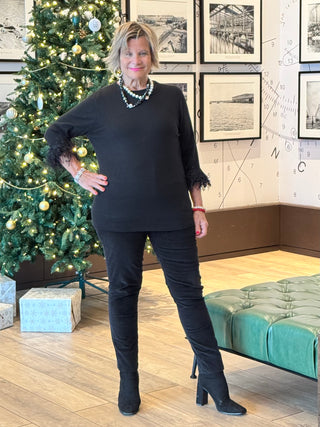 LULU-B BLACK SCOOP NECK FRINGE FANCY SWEATER