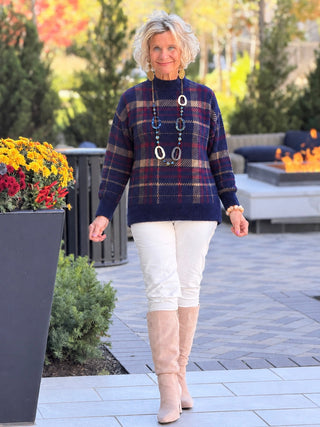 Plaid Eyelash Mock Neck Sweater CHARLIE B