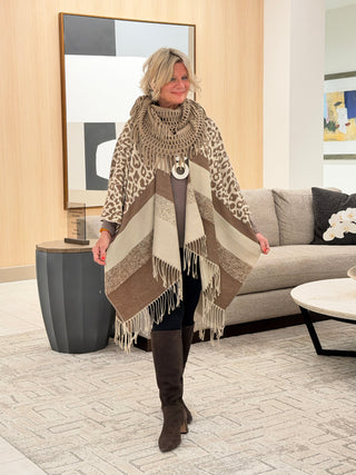 Leopard Bold Striped Oversized Slouchy Western Cape Poncho Cap Zone