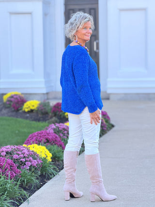 Women's Luster Chenille V-Neck Cable Sweater SAFFIRE Cathys Place