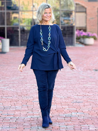 Women's Rib Knit Boat Neck Side Tie Top NAVY Cathys Place
