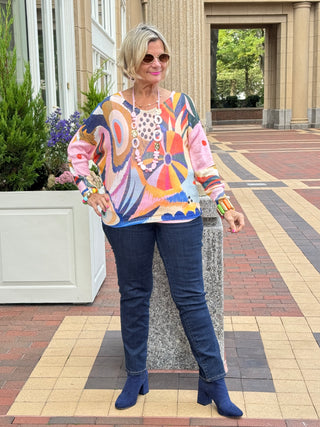 Multicolor Abstract  Round Knit Printed Sweater