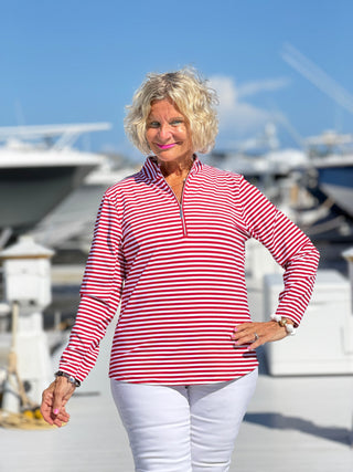 NAUTICAL RED STRIPED HALF ZIPPER TOP LULU-B