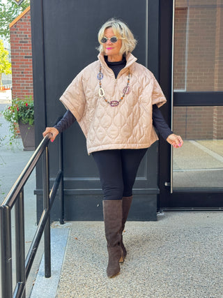 Quilted Short Sleeves Puffer Pullover Poncho BEIGE