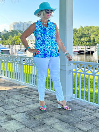 BLUE DREAMING HEARTS SLEEVELESS RUFFLE TOP