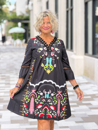V-neck lace patchwork complete with printed dress Cathys Place