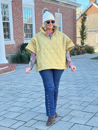 Quilted Short Sleeves Puffer Pullover Poncho Mustard Cathys Place