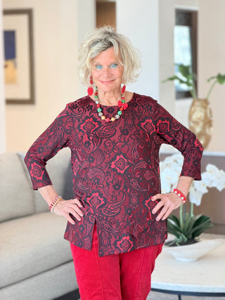 Women's Floral Flocked Texture Lace Trim Top Red Cathys Place