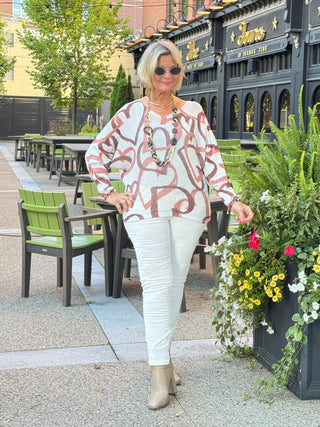 One Size Beige Heart Printed Knitted Sweater