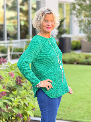 Women's Luster Chenille V-Neck Cable Sweater EMERALD Cathys Place