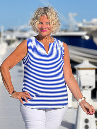 NAUTICAL BLU STRIPED SLEEVELESS NOTCH TOP LULU-B