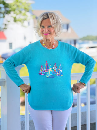 BEACH CLUB AQUA SAILBOAT SWEATER LULU-B