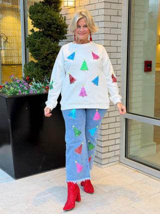 White Shiny Christmas Tree Patched Patterned Festive Sweatshirt Lovesoft