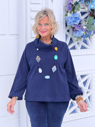Women's Bubble Sleeve Cowl Neck Rib Knit Top NAVY Cathys Place