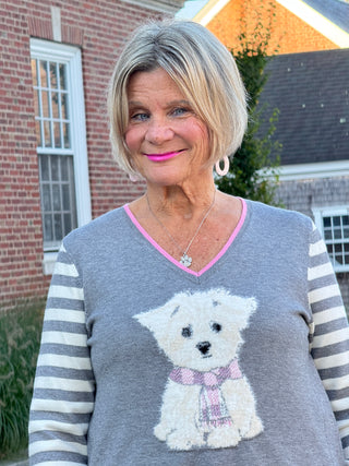 Maltese Puppy Striped Sleeve Sweater