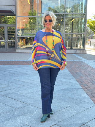 VIWAN Navy Wavy Round Neck Knit Printed Sweater