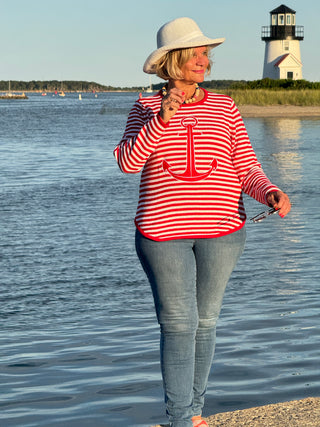 RED AND WHITE STRIPE ANCHOR SWEATER SHIPS WEEK OF AUGUST 25TH