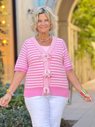 Valentines Stripe Knit Contrast Trim Bow Knot Sweater (S-XL) 66DISCO