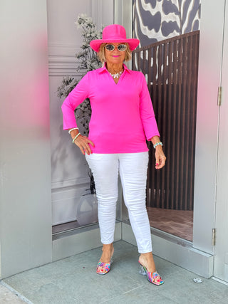 LULU-B HOT PINK SHORT SLEEVE STONE COLLAR V NECK