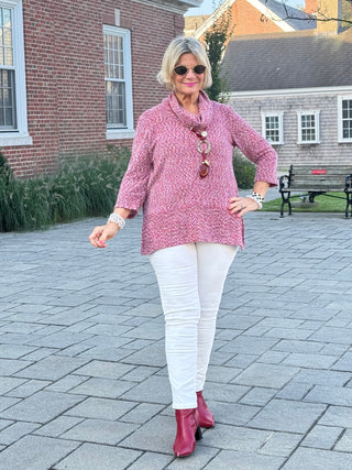 Women's Cowl Neck Spacedye Chenille Knit Top CHERRY