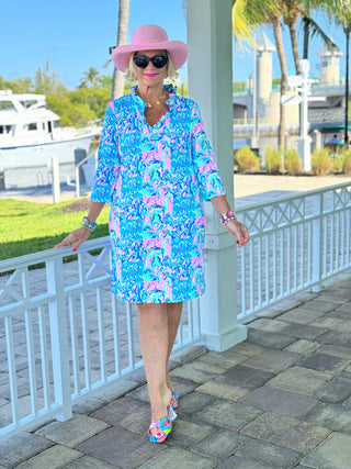 SPLASH OF PINK RUFFLE NECK DRESS