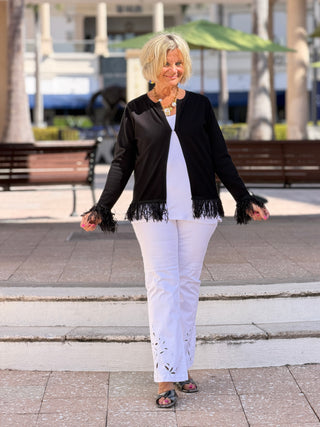LULU-B  BLACK CASHMERE FRINGE FANCY CARDIGAN LULU-B