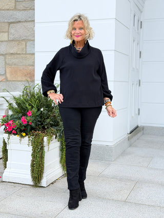 Women's Bubble Sleeve Cowl Neck Rib Knit Top BLACK Cathys Place