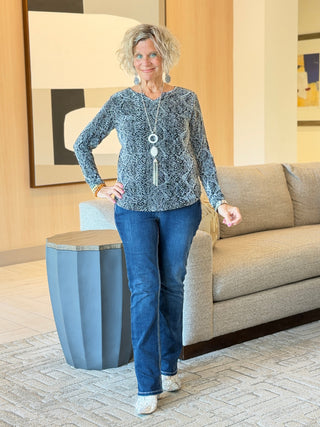 LONG SLEEVE METALLIC TEXTURED KNIT TOP Cathys Place