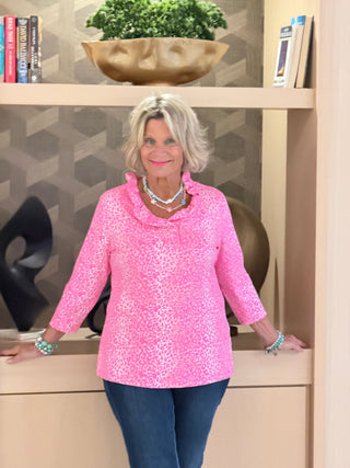 LULU B SPARKLING PINK LEOPARD RUFFLE SLEEVE TOP LULU-B