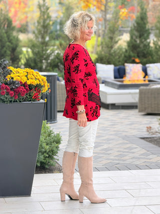Women's Floral Flocked Texture Lace Trim Top BLACK Cathys Place