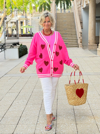 Sequin Patch Happy Hearts Relaxed Cardigan - Cathys Place