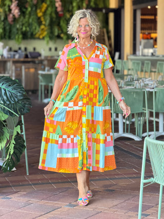 Casual Bohemian ORANGE high-waisted color contrast dress Cathys Place