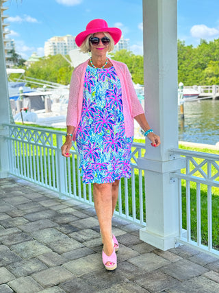 PINK PALM TREE  SHIFT RUFFLE DRESS