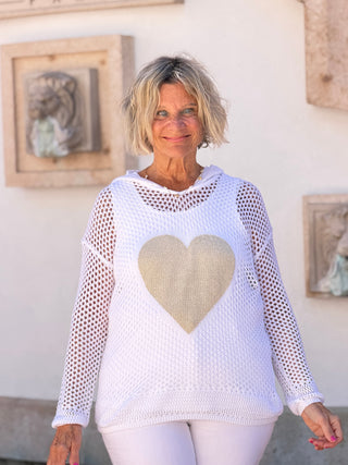 Fishnet Hoodie Sweater With Gold Heart - White CHARLIE B