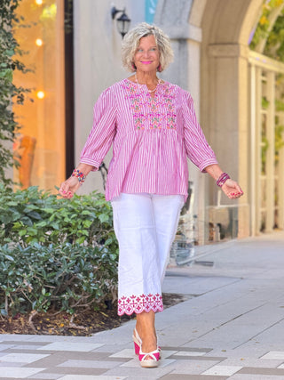 Women's Embroidered Placket Stripe Blouse Cathys Place