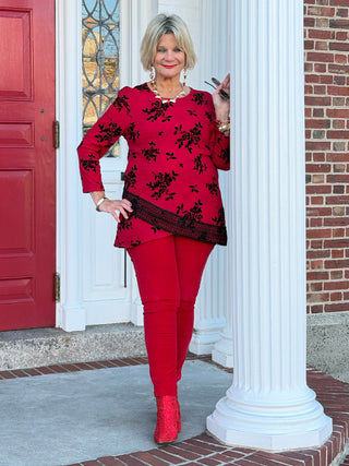 Women's Floral Flocked Texture Lace Trim Top Red Cathys Place