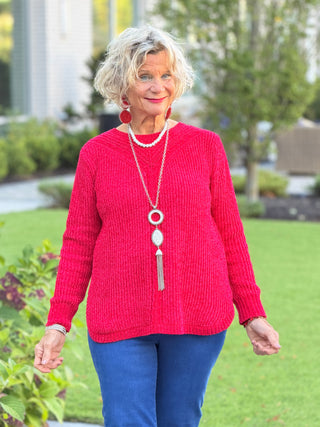 Women's Luster Chenille V-Neck Cable Sweater RED Cathys Place