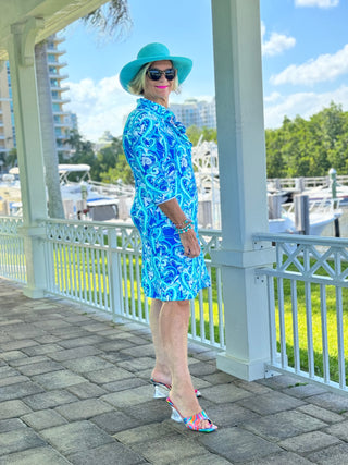 BLUE HEART DREAMING RUFFLE NECK DRESS