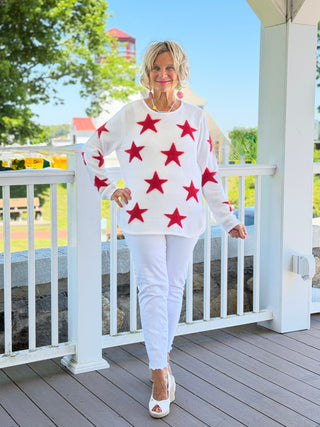 LULU B DOCKSIDE WHITE RED STAR FUZZY SWEATER LULU-B