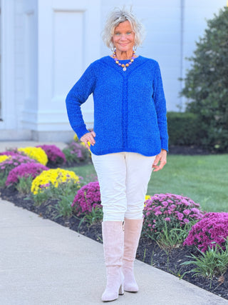 Women's Luster Chenille V-Neck Cable Sweater SAFFIRE Cathys Place