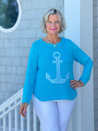 DOCKSIDE NAUTICAL AQUA STRIPE ANCHOR SWEATER Cathys Place