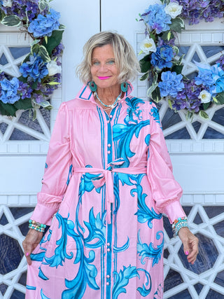 Elegant Floral Button-Down Maxi Dress with Belt CATHYS RESORTWEAR