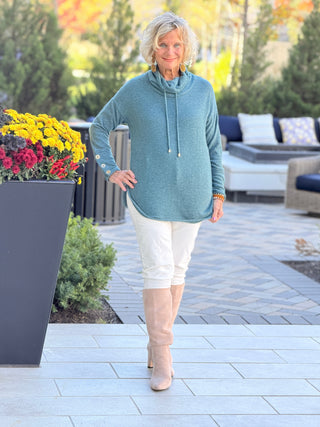 Women's Cowl Neck Cozy Hatchi Drawstring Top FOREST Cathys Place