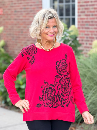 Women's Floral Placement Eyelash Sweater RED Cathys Place