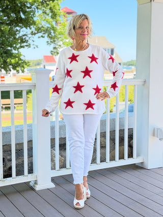 LULU B DOCKSIDE WHITE RED STAR FUZZY SWEATER LULU-B